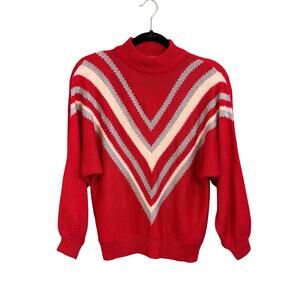 Vintage Cezanne Sweater Womens M Red Chevron Angora Lambswool Mock Neck Pullover